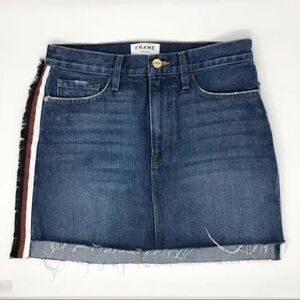 Frame Denim Mini Skirt with Raw Staggered Hem and Side Stripe/Fringe. Size 25.